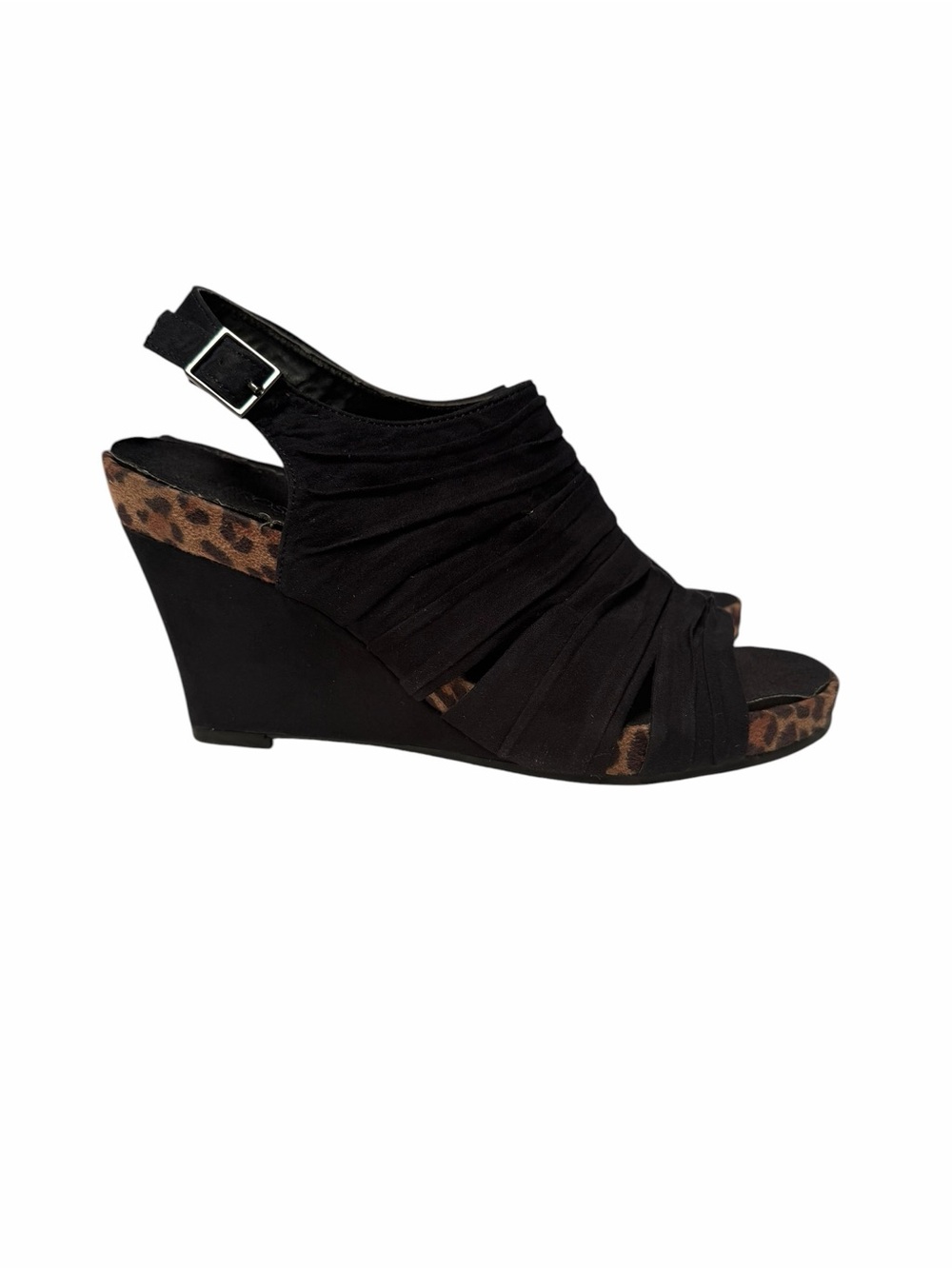 Aerosoles Black Ruched Fabric Wedge Sandals w/ Leopard Trim – Size 9 - Picture 4 of 13